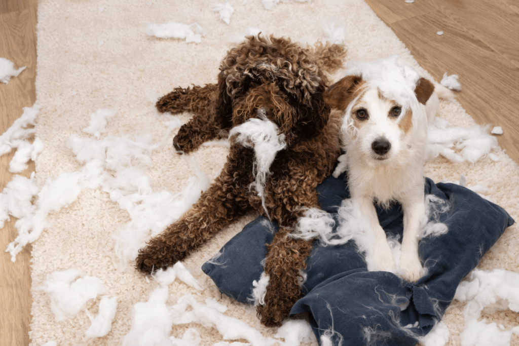 two dogs destroying pillows with feathers everywhere