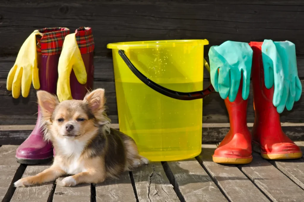 Dog sitting next to cleaning supplies